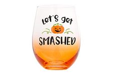 Pearhead 'Let’s Get Smashed' Stemless Wine Glass, Gradient Orange Halloween Wine Glass, Seasonal Fall Home Décor Accessory, Whimsical Wine Glass, 15oz