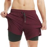 MaaMgic Mens Swim Trunks with Compression Liner 2 in 1 Swimming Shorts Stretch 7" Swimwear Quick Dry Bathing Suits,Burgundy,Medium