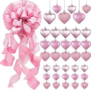 Christmas Tree Topper 12 x 34 Inches Large Topper Bow and 36 Pieces Flash Valentines Day Heart Ornaments with Wired Edge Valentine Decorations for A Tree Valentines Ornaments (Red) (Pink)