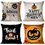 YeeJu Set of 4 Halloween Pillow Covers 20x20 Inch Trick or Treat Pumpkin Decor Throw Pillow Covers Black Halloween Cushion Covers Linen Square Pillow Cases for Home Outdoor Sofa Couch (20 by 20)