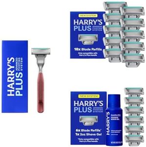 Harry's PLUS Razors for Men Pack- 1 Premium Handle (Clay), 17 Razor Blade Cartridges, and 2 oz Foaming Shave Gel - Advanced Pivoting System