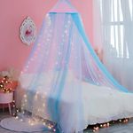 Wnqou Princess White Blue Bed Canopy with Warm Fairy Lights for Girls Bed Net,X-LargePrincess Canopy for Kids Bed Room Decor