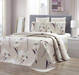 GrandLinen 3-Piece Fine Printed Oversize (100" X 95") Quilt Set Reversible Bedspread Coverlet Queen Size Bed Cover (Taupe, Brown, White Tulip Floral)