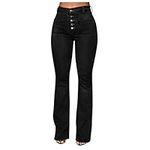 Flare Bell Bottom Jeans for Women Button High Waist Wide Leg Bootcut Flared Denim Pants Plus Size Stretchy Distressed Mom Boyfriends Jeans Trendy Tummy Control Butt Lifting Work Jeans with Pokects