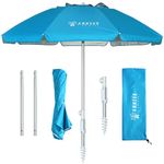 AMMSUN 6.5ft twice folded Portable travel beach umbrella with sand anchor windproof,Push Button Tilt and Air vent UV 50+ Protection Fits in a large Suitcase for Patio Garden Beach Pool Backyard Sky Blue