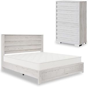 AMERLIFE 2-Piece Farmhouse Bedroom Set, King Bed Frame and Tall Dresser, Platform Bed with 49" Fluted Headboard, 547" Tall Chest of Drawers with Slat Handles, Distressed White