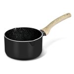 Bergner Bellini Plus Aura 5-Layer Non-Stick 16 cm Saucepan, 1.8 Litres Sauce Pan with Soft Touch Wooden Finish Handle, Food Safe, PFOA Free, 3.2mm Thickness, Induction Bottom, 1-Year Warranty, Black