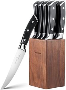 OAKSWARE Steak Knives Set of 8 with Walnut Block, 5 inch Non Serrated Steak Knife Set, 8 Pieces Straight Edge Kitchen Steak Knives - Forged German Steel - Full Tang Handle