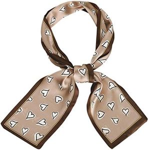 Allegra K Silky Skinny Scarves Ribbon Heart Print Long Hairband Handbag Wrap Brown 1 Pcs