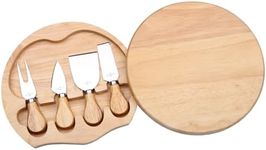 Sherwood 4-Piece Flat Hard Cheese Spade Fork Knife with Round Wooden Platter Board Serveware Brown