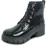 kozi Canada Women Ankle Casual Combat Bootie LEILA-6 Fall Boot Side Zipper Black Patent Shiny Women Size 7