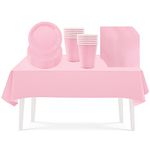 53PCS Baby Pink Party Tableware Decorations for Kids Birthday,Disposable Party Tableware Set Tablecloth Table Covers,7inch Paper Plates,Paper Napkins,Cups for Xmas Birthday Wedding Party Favor