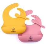 ZoZoBaa Silicone Baby Bib with Easy Grip Spoon For Feeding Toddlers|Waterproof & Reusable Bib with button for Infants |Soft, Light Weight, BPA Free, 2 Set, Mango Yellow and Dark Red