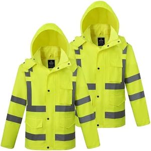 wantdo Safety Rain Jacket for Men Reflective, High Visibility Waterproof Rain Coat 2 pack, Yellow, Small