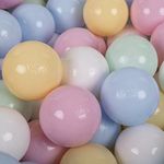 KiddyMoon Soft Plastic Play Balls 200 Balls/7Cm-2.75In Multi-Colour Made In EU, Pastel Blue/Pastel Yellow/White/Mint/Light Pink