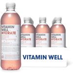 Vitamin Well - Functional flavoured water, low calorie still drinks with vitamins & minerals. vitamin c, vitamin d, zinc, biotin, HYDRATE Rhubarb/Strawberry, 12 bottles x 500ml