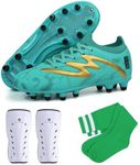 brooman Kids Firm Ground Soccer Cleats Boys Girls Football Shoes with Shin Guards and Soccer Socks (10,Green)