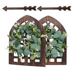 WAKOSAN Rustic Wood Window Frame with Green Wreath and Arrows Wall Decor,Farmhouse Wall Decor, Wooden Fake Window Decoration,Window Pane Wall Decor,Set of 2 (windows brown)