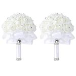 Foraineam 2 Pack Wedding Bouquet Bridal Bridesmaid Holding Flowers Foam Roses Artificial Fake Flower Hand Bouquets with Crystals Soft Ribbons