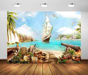 BELECO 7x5ft Fabric Beach Island Pirate Theme Backdrop Pirate Ship Treasure Chests Barrels Parrot Ocean Sailing Boat Mountain Waterfalls Pirates Background Pirate Theme Party Decorations Photo Props