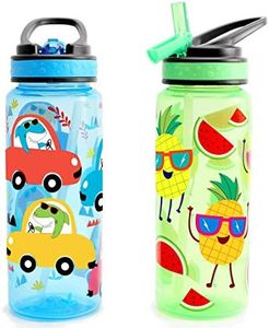 Home Tune 23oz Kids Water Drinking Bottle - BPA Free, Flip Straw Lid Cap, Lightweight, Carry Handle, Leak-Proof Water Bottle with Cute Design For Girls & Boys - 2 Pack Dinosaur & Fruit