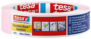 tesa UK 43330001801 Precision Sensitive, Razor Sharp Edge and Low Tack Masking Tape for Indoor Painting and Decorating, Residue Free Removal, 50 m x 25 mm, 25mm, Clear