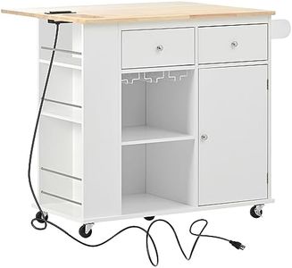 Olela Kitchen Island Cart with Power Outlet, Rolling Mobile Kitchen Island with Storage Cart on Wheels Drop-Leaf, Drawers and Spice Rack, 29.33" D X 40" W X 33.7 "H(Drop Leaf-White)