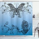 Ambesonne Spring Shower Curtain, Butterfly with Floral Mandala Pattern Bohemian Design with Butterfly Wings, Cloth Fabric Bathroom Decor Set with Hooks, 69" W x 75" L, Azure Blue