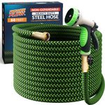 PowerFlow Garden Hose, NON-EXPANDABLE 50 Feet Premium Quality Stainless Steel Metal Water Hose with Durable Fabric Skin, Hose For Commercial, Residential Use, Bonus 10-way Spray Nozzle (50 Ft, Green)