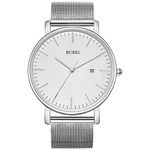 BUREI Men's Fashion Minimalist Wrist Watch Analog Black Date with Siliver Stainless Steel Mesh Band (White)