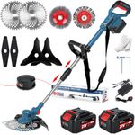 Cordless Grass Trimmer, Cordless Strimmer with 5 Types of Blades and 2 x 4.0Ah Battery, 21V Strimmer, Cutting width 25cm, for Lawn Garden Pruning (Blue)