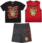 Five Nights at Freddy's 3-Pack Boy's Black Short Sleeve Tee, Red Muscle Tank, Gray Athletic Shorts Set