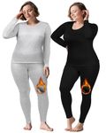 Patelai 2 Sets Plus Size Long Thermal Underwear for Women Fleece Lined Base Layer Pajama Top and Bottom Cold Weather, Black, Gray, 18 Plus