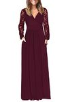 WNEEDU Womens Fall Dresses 2024 Lace Long Sleeve Maxi Dress V Neck Wrap Waist Casual Long Dress with Pockets 2024 New Wine Red XL