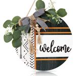 CHDITB Boho 3D Welcome Wreath for Front Door(11.42"x11.42"), Rustic Farmhouse Porch Wreath Sign with Eucalyptus Leaves Plaid Bow Bead, Round Welcome Home Door Hanger for Porch Outdoor