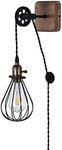 LUSTORM 1 Industrial Farmhouse Plug in Wall Sconce with Wire Shade, Metal Wall Lamp Cage with Pulley Lift for Living Room Rustic Wood LED Wall Lamp with Switch Cord for Kids Bedroom, Reading Room