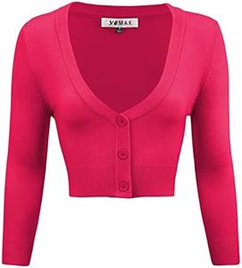 Women's Cropped Bolero Cardigan – 3/4 Sleeve V-Neck Basic Classic Casual Button Down Knit Soft Sweater Top (S-3XL) Rose Pink