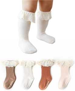 BBPIG Toddler Girls Double Eyelet Frilly Lace Socks with Ripple Cuffs and Big Ruffle for Infants and Kids (0-6 Months, A-4 Pairs)