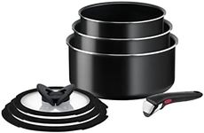 Tefal Ingenio Easy ON 7 piece Non-Stick Saucepan Set , 16&18&20 cm Saucepans, 16&18&20 cm Glass Lids, Bakelite Removable Handle, Easy Cleaning, Heat Indicator, Black, L1599602