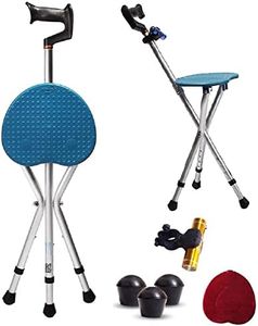 Folding Lightweight Adjustable Height Cane Seat 400 lbs Capacity Thick Aluminum Alloy Cane Stool Crutch Chair Seat 3 Legs Cane Seats Walking Stick Tall with LED Light Unisex for Elderly (Blue)