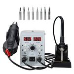 CREWORKS Upgraded 2 in 1 SMD Soldering Rework Station with Hot Air Heat Gun Set Electric Solder Iron Kit with Holder LED Digital Temperature Display Screen and 8 Tips 3 Nozzles