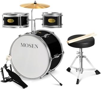 MOSEN Drum Set 3-Piece Beginner Drum Set Junior Drum Kit with Adjustable Throne, Cymbal, Pedal & Drumsticks Drums with Bass Tom Snare Drum - Black