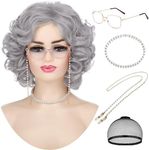 Wallden Hair Old Lady Wigs for Women Short Grey Curly Grandma Wig for 100th Days of School Cosplay Costume Halloween Party Synthetic Granny Wigs (5pcs Set)