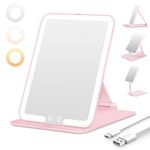 Auxmir Rechargeable Makeup Mirror, Portable Lighted With 3 Color Modes Dimmable, Compact Slim Tabletop LED Vanity Mirror With Touch Screen for Travel, Daily, Business, Pink