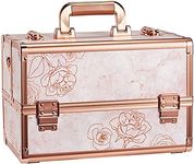 Joligrace Makeup Train Case Professional Cosmetic Organizer Aluminum Storage Box with 4 Adjustable Dividers Trays Lockable Portablewith Shoulder Strap, Marble Flower, 1 Count (Pack of 1), Large Makeup Case