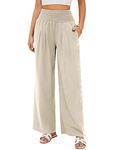 Famulily Womens Linen Trousers Bohemian Style Summer Beach Wide Leg Pants with Pockets Beige S