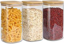 ComSaf 50oz Airtight Glass Storage Canister with Bamboo Lid Set of 3, Clear Food Storage Container Square Kitchen Pantry Storage Jar for Noodles Flour Cereal Rice Sugar Tea Coffee Beans Snacks