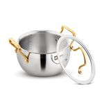 Bergner BE Bergner Essentials Triply Stainless Steel 16 cm (2.2 Liters) Rice Handi with Flat Glass Lid and Golden Coated Handles, Less Oil Cooking - Induction Bottom and Gas Stove Ready