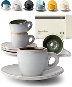 KIVY 3 oz espresso cups set of 4 - Italian style espresso cups and saucers - Stoneware espresso cup set - Demitasse cups set of 4 - Espresso mugs - Demi tasse cups - Espresso cups and saucers - Green