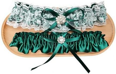 Baillmyy Green Garters for Bride Stretchy Bow Wedding Garter for Bride Accessories Lace Pearl Bridal Wedding Thigh Garter Set Green 2Pcs